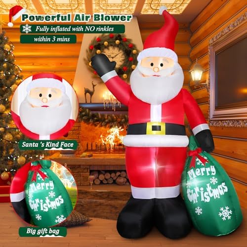 7 FT Christmas Inflatable Santa Claus with Gift Bag, Blow up Giant Santa Claus Indoor Decoration, Built-in LED Lights for Lawn Patio Garden Home Display Hall Xmas Holiday Vacation Party Outdoor Decor