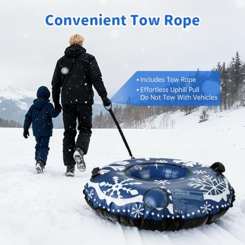 Snow Tube, Heavy Duty Inflatable Snow Sled with Reinforced Cover, Snow Sleds with Handles, Suspended Seat and Pull Rope for Winter Sledding
