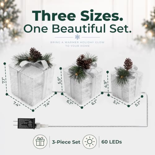 Set of 3 Christmas Lighted Gift Boxes, 60 White LED Pre-Lit Decor