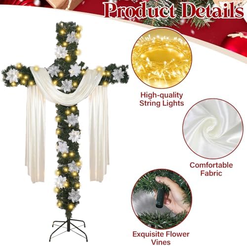 Justforjoyful 7ft Christmas Cross Tree with Light & Scarf，Poinsettias