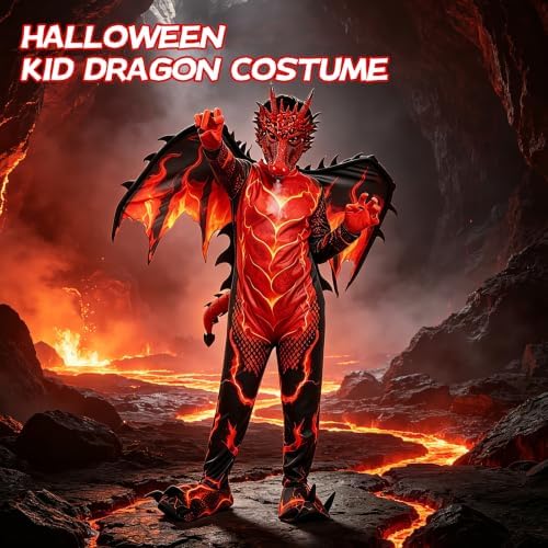 Kids Dragon Costume, Boys Dragon Halloween Costume with Mask, Wings & Tail