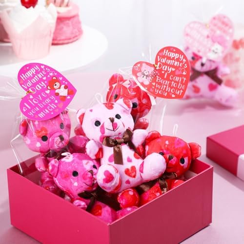 Poen 18 Pack Valentines Day Bears Bulk with Heart Cards Mini Valentine Stuffed Animal with Heart Pattern Bears Toys Keychains for Kids Boy Girl Classroom Prize Goodie Bag Stuffers Party Favor