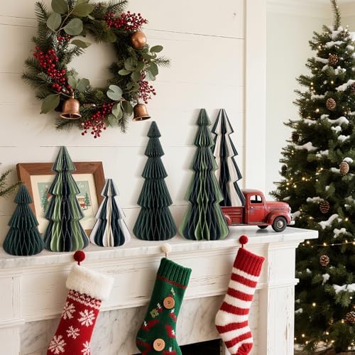 SUNBEAUTY 6PCS Honeycomb Christmas Trees Vintage Paper Christmas Tree Decor 3D Honeycomb Trees Table Centerpiece for Xmas New Year Holiday Party Home Decor (Green, White)