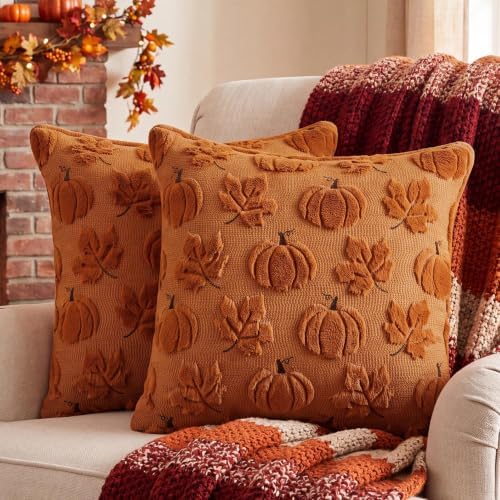 Fall Pillow Covers 20x20 Set of 2 Double-Sided Plush Maple & Pumpkin