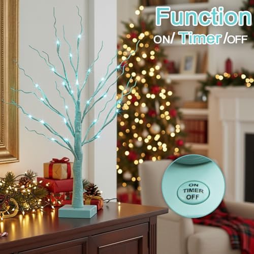 PEIDUO Blue-Green Trees Decor for Home, 2PK Tree Light Battery Powered Timer, Lighted Christmas Decorations Indoor, for Home Bedroom Living Room Fireplace Wedding Party New Year's Day and Christmas