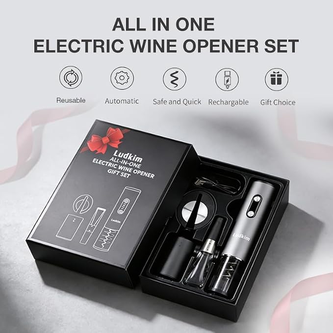 Electric Wine Opener Set, Rechargeable 4-in-1 Corkscrew Luxury Gift Box with Charging Vacuum Stopper, Aerator Pourer & Foil Cutter,Cordless Metal Automatic Bottle Opener Kit for Men & Women