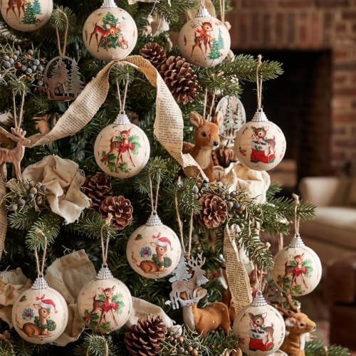 Outus 16 Pcs Vintage Reindeer Christmas Tree Ball Ornaments, Retro Christmas Decorations for Farmhouse Xmas Tree, Hanging Elk Ornaments for Home Fireplace Holiday Party Decor