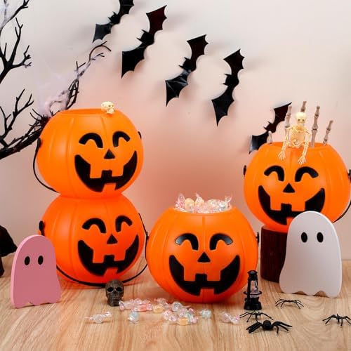 Beeveer 4 Pcs Plastic Pumpkin Buckets, Halloween Candy Baskets, Smile
