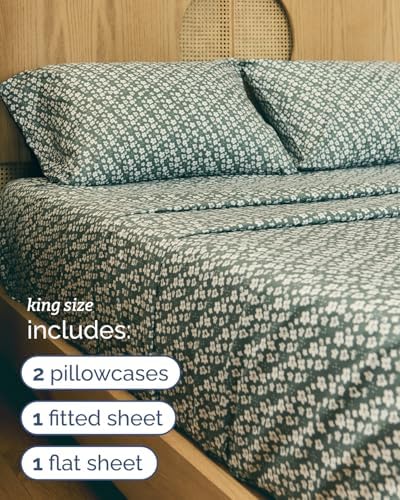 King 4 Piece Floral Sheet Set - Soft, Breathable & Cooling - Green Meadow