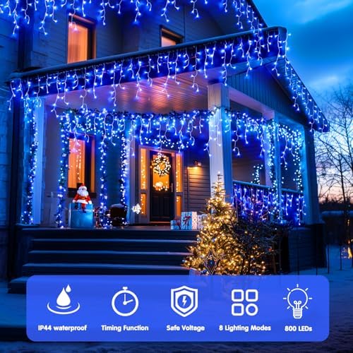 JMEXSUSS 800 LED Blue Icicle Christmas Lights Outdoor