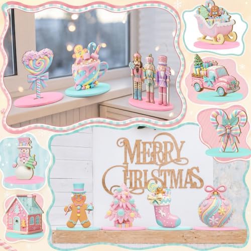 Leinuosen 12 Pcs Christmas Table Decoration Pastel Christmas Tiered Tray Decor Pink Wooden Gingerbread Candy Centerpieces Nutcracker Truck Snowman Signs for Xmas Gift Home Kitchen Coffee Bar Shelf