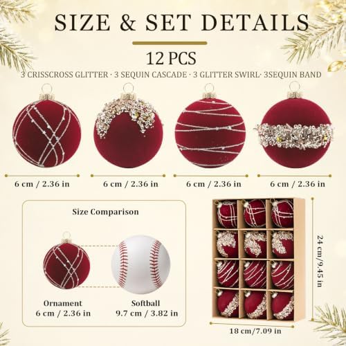 12Pcs Red Velvet Christmas Ornaments 3.15In Balls for Christmas Tree Deco