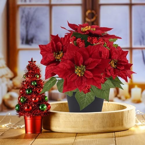 2 PC Poinsettias Artificial Christmas Flowers in Pot Red Faux Plant