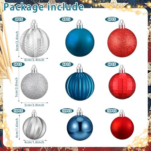 Lunmon 64 Pcs Red Blue and Silver Christmas Ornaments Patriotic Xmas Balls