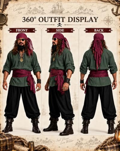 10PCS Pirate Costume for Men, Renaissance Medieval Viking Outfit for Halloween Cosplay with Shirt Pants Jewelry