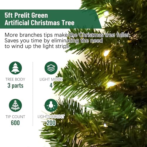 5ft Green Prelit Artificial Christmas Tree,Arbol de Navidad Fake Xmas Tree