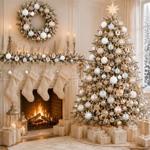 Lunmon 64 Pcs Champagne Gold White Christmas Ornaments 1.57/1.97/2.36 Inch