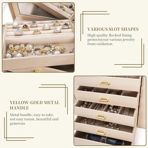 AKOZLIN 6-Tier Jewelry Box Organizer 5 Drawers Storage XLarge Champagne