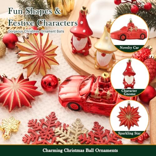 68PCS Christmas Tree Ornaments Set, Red and Gold Christmas Balls and Assorted Decorations, Shatterproof Hanging Ornaments with Hooks for Xmas Tree, Holiday Party Home Decor