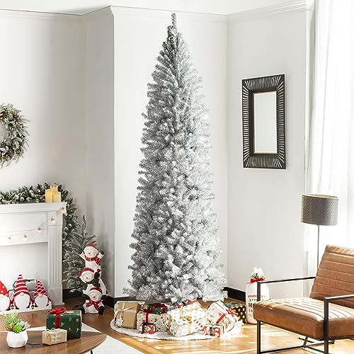Glitzhome Pencil Tinsel Artificial Christmas Tree, 9ft Silver Christmas Tree with 1860 Branch Tips and Foldable Metal Stand for Home Office Party Decoration
