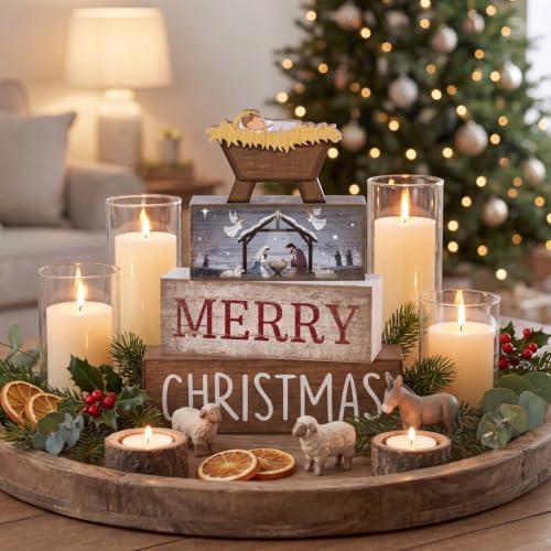 Lineshading 4 Pcs Christmas Table Decor, Wooden Nativity Manger Merry Signs