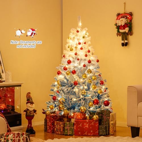 HAPPYGRILL 5 FT Pre-lit Flocked Christmas Tree Blue Hinged Xmas Tree with 456 Branch Tips, 180 Warm White LED Lights & Folding Metal Stand, for Home Office Carnival
