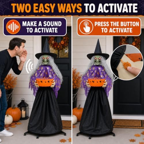 MCJC 57-Inch Animated Witch Candy Bowl, Sound-Activated Halloween Decor