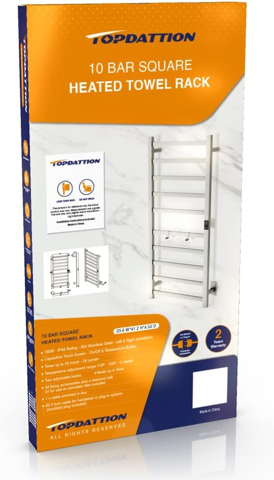 Topdattion Electric Towel Warmer | Super Thin | with Timer & Temperature Multi-Level Adjustments | Hardwired & Plug-in | 10 Bar Brushed Finish
