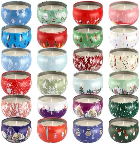24Pack Christmas Scented Candle Tins Gift Set - Soy Wax Festive Candles 2.5oz- Long Lasting Burn time for Christmas Thanksgiving Gifts Holiday Decor & Gifting.