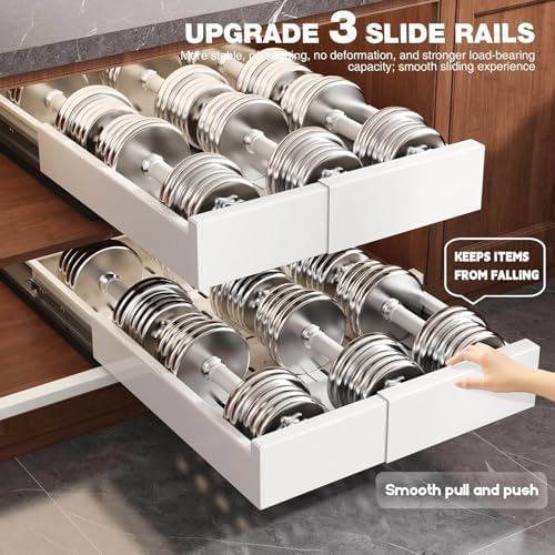 Seinloes Pull Out Cabinet Organizer,4-Side Expandable to Maximize Cabinet Space,Slide Out Drawers with 3 Rail Design,Roll Out Shelf with Raising Pad for Framed Cabinet,11"-16"W x 17"-24"D,White,2 Pack