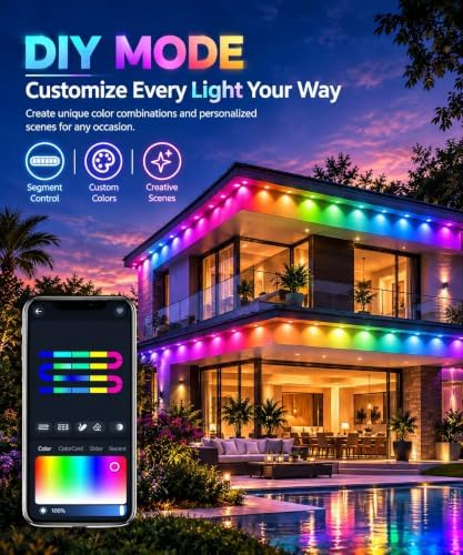 150Ft Permanent Outdoor Lights, RGB+IC Smart LED Eave Lighting with App/Remote Control,IP67 Waterproof,16 Million Colors,Scene Modes, DIY Music Sync, for Christmas, Holiday & Party Decor
