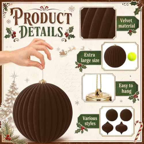 Civaner 4 Pcs Large Velvet Christmas Ball,8 Inch,Dark Brown