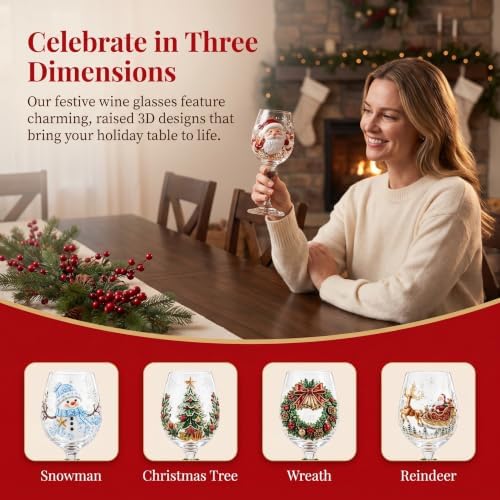 Christmas Wine Glass Collection Gift Box Set, Christmas Wine Glasses, Raised Holiday Goblet with Snowflake Decor, Festive Glassware, Wines & Cocktails, Holiday Party & Table Decor (6pcs)