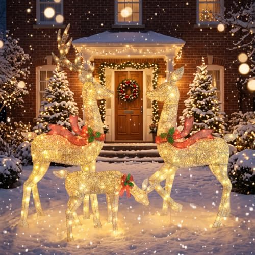 5.2FT Animatronic Christmas Reindeer Family Set - 3Pcs Large Lighted Christmas Deer with 300 LEDs & 3 Motors, Moving Heads and Stakes for Christmas Decorations Outdoor Yard - Gold