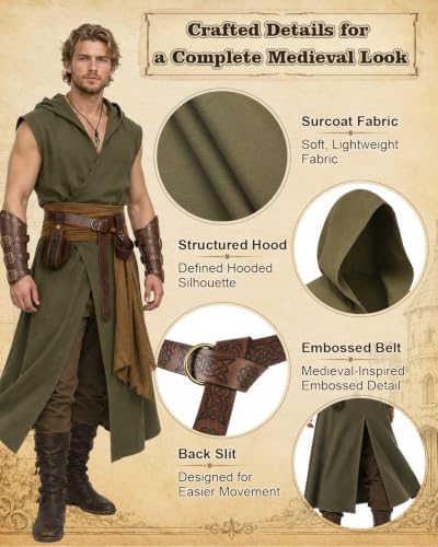 NTYNTY 8 Pcs Mens Renaissance Costume Set Medieval Outfit with Hooded Surcoat Belt Pouch Bracers for Halloween LARP Ren Faire