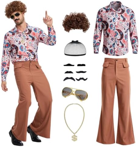 70s Disco Outfit for Men, 7 Pcs Retro Hippie Costume Adults