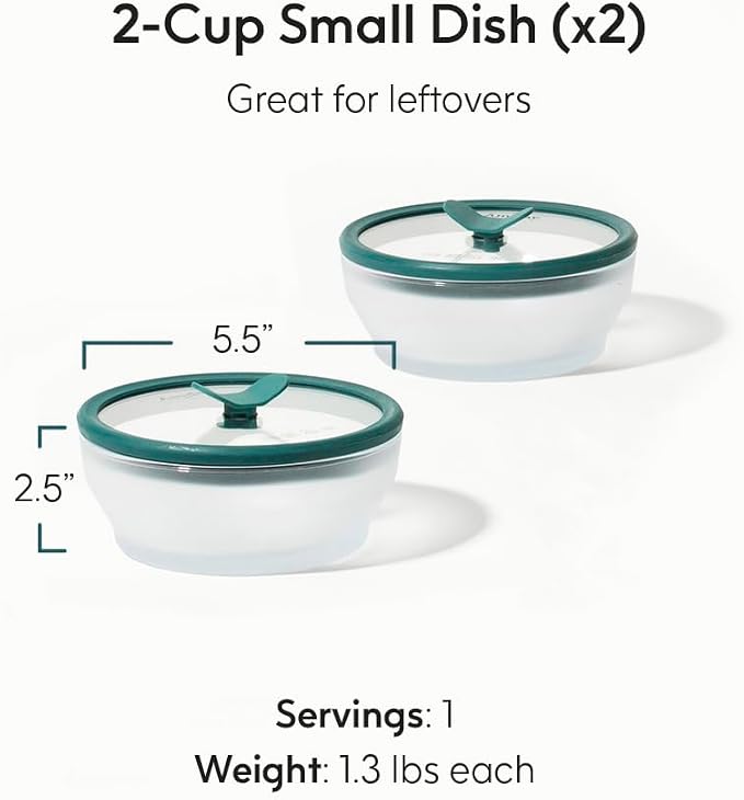 Anyday 2-Pack 2-Cup Glass Food Storage Set (Kale) | Plastic-Free Frosted Meal Prep Bowls, Stackable Airtight Container with Vented Silicone Lid for Microwave-Safe Reheating