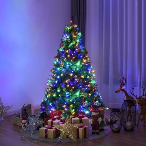 HAPPYGRILL 5FT Pre-lit Artificial Christmas Tree with 600 PVC Branch Tips, Foldable Base, Premium Hinged Spruce Xmas Tree with 11 Color Modes Lights for Holiday Decoration