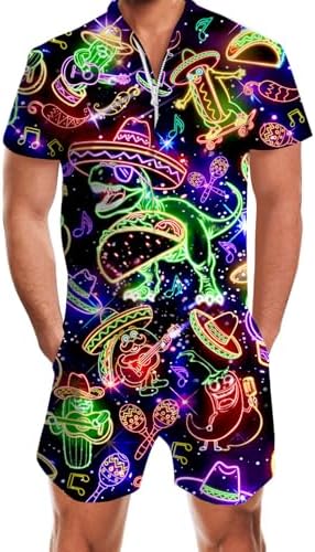RAISEVERN Mens Romper Male Zipper Shorts Sleeve One Piece Bro Outfits