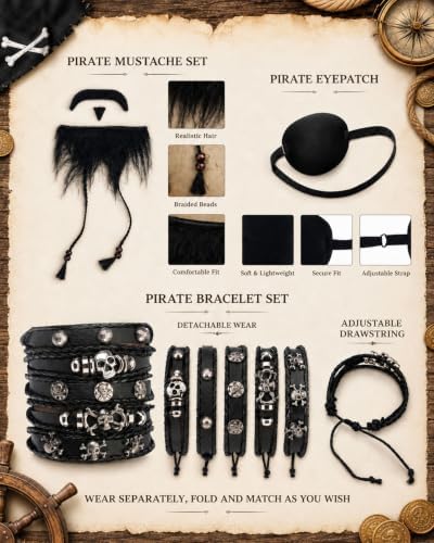 10PCS Pirate Costume for Men, Renaissance Medieval Viking Outfit for Halloween Cosplay with Shirt Pants Jewelry