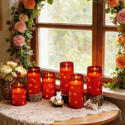 kakoya Flameless LED Candles with Timer 12 Pc Flickering Flameless Candles for Romantic Ambiance and Home Decoration Stable Acrylic Shell,with Embedded Star String，Battery Operated Candles(Red)