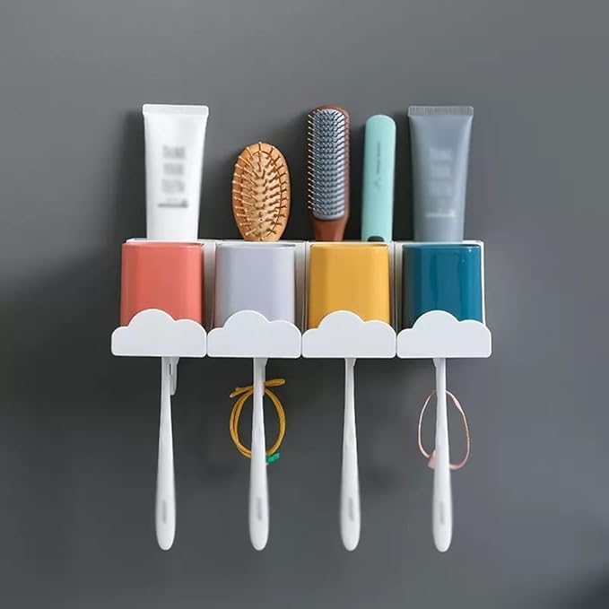 Toothbrush Rack White Toothbrush Holder, Three Or Four-person Toothpaste Holder, Multi-storage Space Storage Rack with Colorful Cups Bathroom Toothbrush Holder(S22.2)