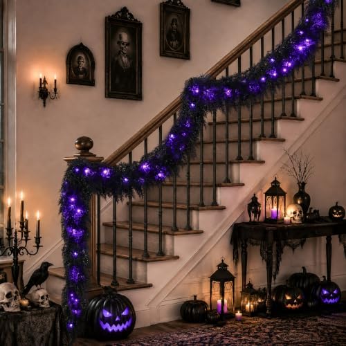 9FT Black Halloween Garland with Lights Realistic Prelit Christmas Garland