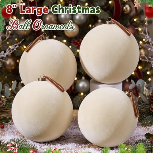 Weysat 6 Pcs 8 Inch Giant Velvet Christmas Ball Ornaments, Cream White