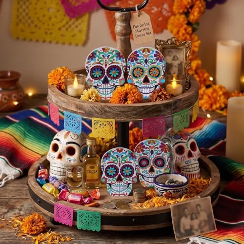 DECSPAS Day of the Dead Decor, 4 PCs Wood Block Sugar Skulls Dia De Los Muertos Decorations, Wooden Skeleton Tiered Tray Decor for Altar, Ofrenda, Home, Table, Mantle, Mexican Fiesta