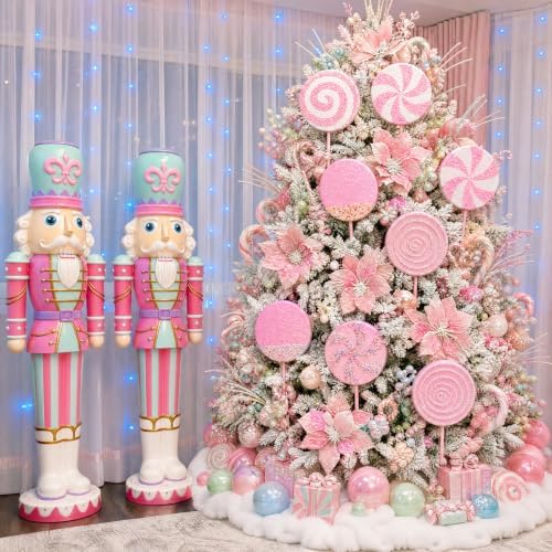 Roowest 16 Pcs 13.78'' Pastel Large Candy Christmas Decorations Giant Lollipop Candy Decoration with Sticks Macaron Peppermint Xmas Decor for Christmas Tree Ornament Holiday Party (Pink,8 Styles)