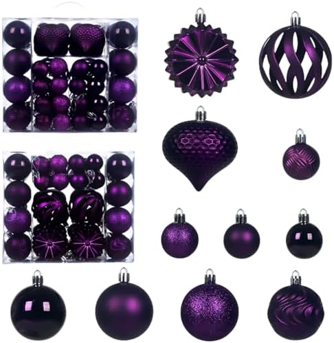 Christmas Tree Balls Ornaments Set, 48 Pcs Shatterproof Plastic Decorative Baubles Shiny Hanging Ball Ornaments for Xmas Tree Holiday Party Wedding Decoration, Purple