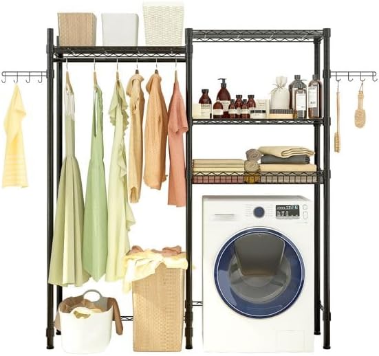 Washer and Dryer Storage Shelf - 3-Tier Metal Garment Rack with Hanging Rod & Net Basket Space Saving Laundry Organizer for Closet Bathroom Adjustable Height