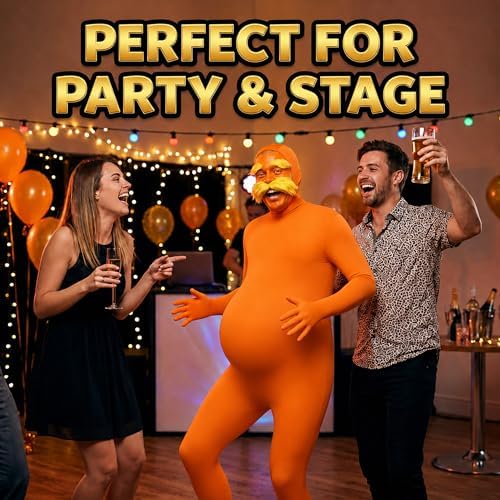 Orange Jumpsuit Halloween Costume with Inflatable Belly Yellow Mustache Eyebrows & Face Paint Cosplay Party Outfit