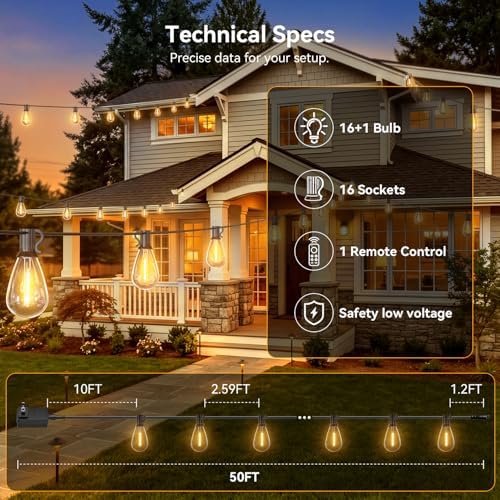 50FT Outdoor String Lights with Remote, Waterproof Patio Lights with 18+1 Shatterproof LED Bulbs,Dimmable Hanging Decor for Backyard Garden Porch Bistro, Timer & 3 Modes,2200K Warm White